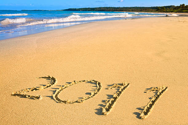 istock New Year 2011 sign at  a Tropical beach 183320507