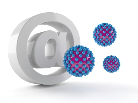 Email symbol with viruses isolated on white background