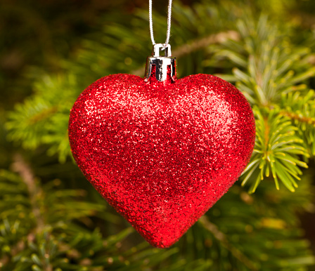 Christmas ornament with heart shape hanging on tree