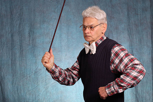 istock Nerd School Master with bowtie angry holding stick, striking motion 183321593