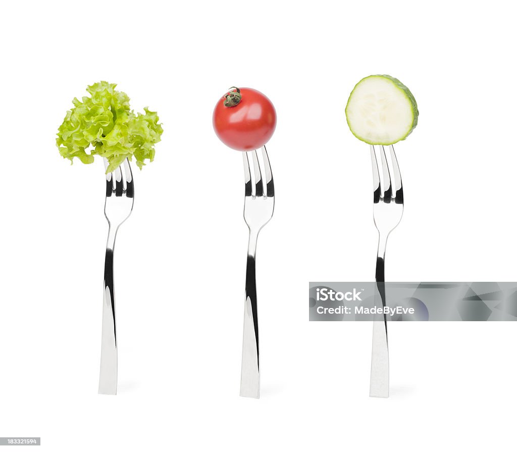 Trio de pepino de alface e tomate em forks - Royalty-free Garfo Foto de stock