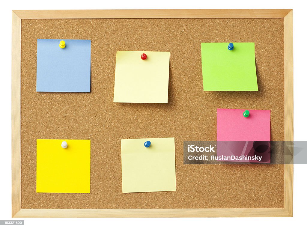 Información colorido notas en panel de corcho. - Foto de stock de Azul libre de derechos