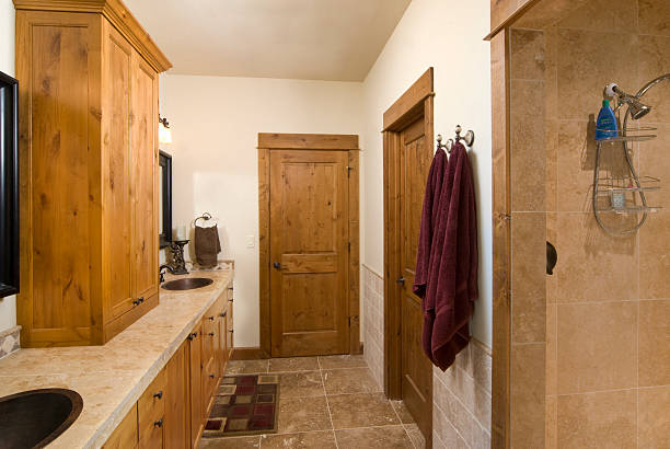 istock Modern bathroom with tile shower and floor 183323191