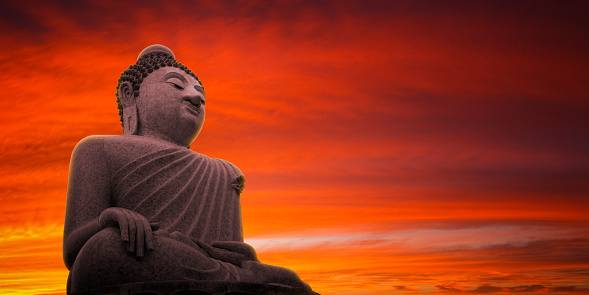 Large Buddha statue in Phuket at sunset. Stitched panorama made from several 1Ds MkIII frames. 90mm TSE lens.