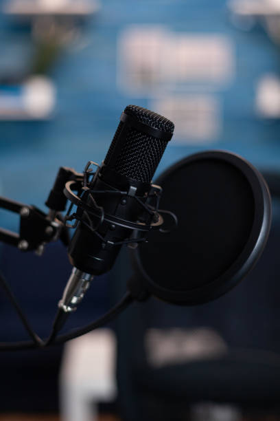 istock Closeup of professional podcast microphone standing on desk table 1833238933
