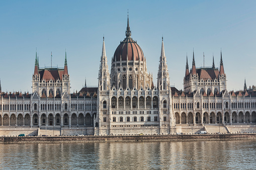 The Hungarian Parliament Building on the Pest bank of the Danube River in Budapest.