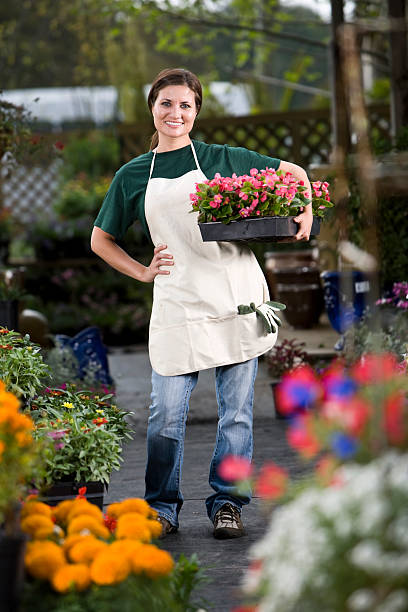 jeune femme travaillant en pépinière - sc0411 photos et images de collection