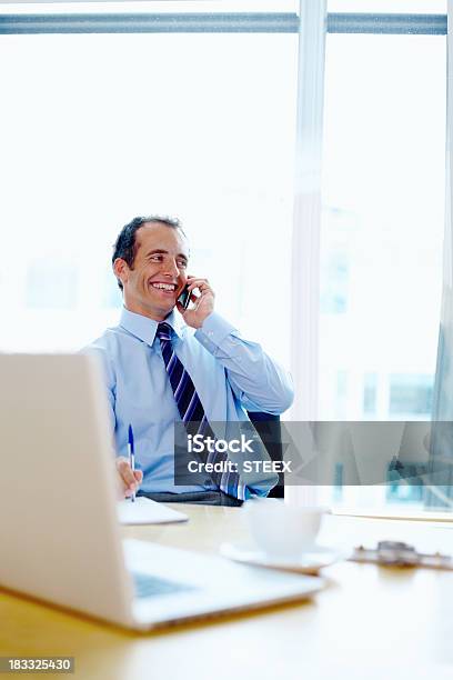Biznesmen Uśmiech Podczas Conversing Na Telefon - zdjęcia stockowe i więcej obrazów 40-49 lat - 40-49 lat, Administrator, Białe kołnierzyki