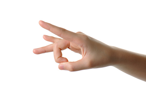 Chinese female hand giving a flick gesture isolated on white with clipping path.