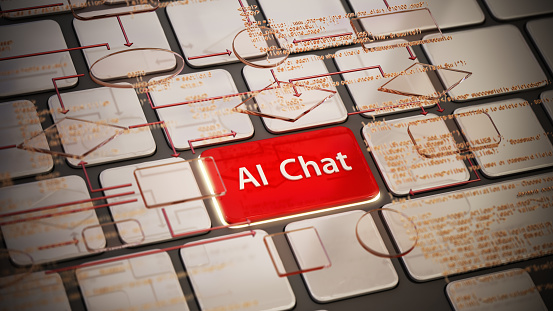Fictitious computer code and AI Chat text on red keyboard button. AI chatbot concept.