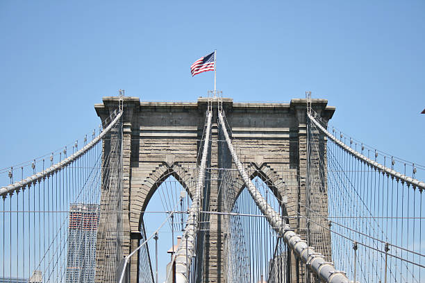 istock Brooklyn Bridge with american flag 183327781