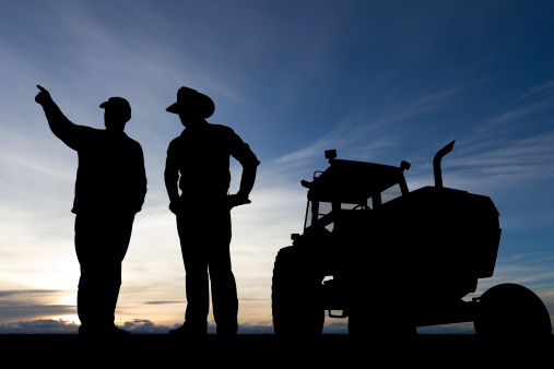 A royalty free image from the agricultural industry depicting two farmers in conversation silhouetted at dusk.