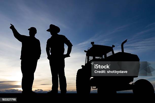 Farmers At Dusk Stock Photo - Download Image Now - Farmer, Farm, Tractor