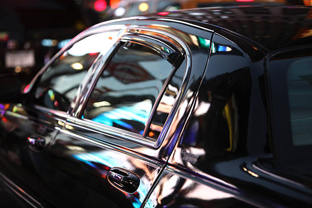 Neon Nightlife Reflected In Limo Window stock photo