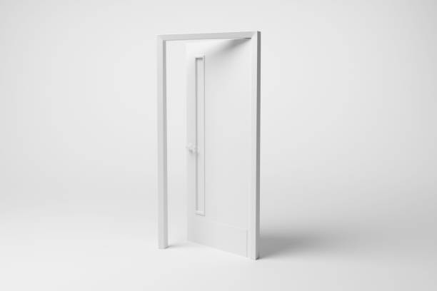 istock Slightly open white door having a glass panel on white background in monochrome and minimalism 1833289893