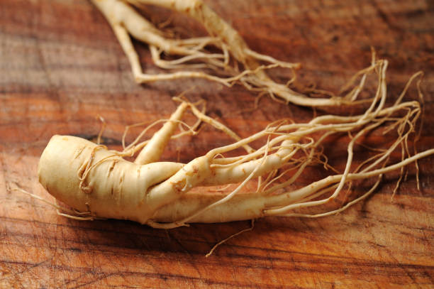 istock Close-up of ginseng roots on a wooden surface 183329569