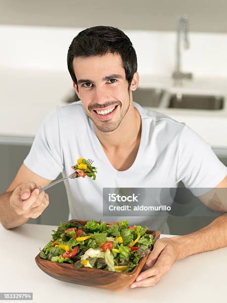 Man Eating A Big Salad Stock Photo - Download Image Now - Eating, Men, Plate