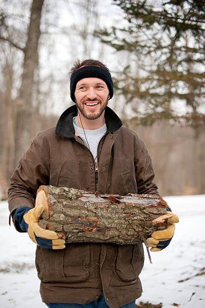 istock Man in winter with chopped wood 183329839