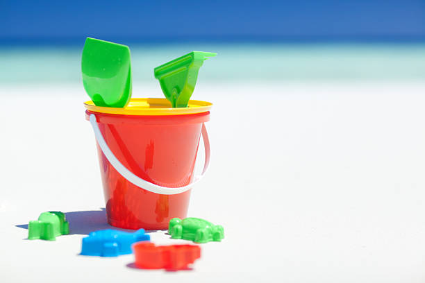Kids toy bucket with shovel isolated on white background. Children's beach toys