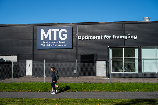 Gothenburg, Sweden - October 08 2023: Exterior of MTG Motorbranschens Tekniska Gymnasium.
