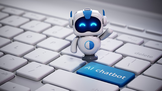Cartoon AI chatbot robot floating on computer keyboard key with AI chatbot text. AI chatbot concept.