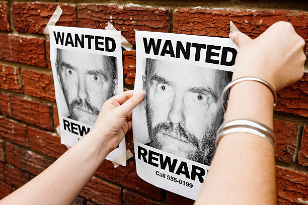istock Woman's hands pin 'Wanted' mug shot to brick wall 183330683