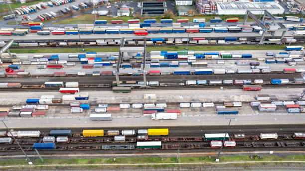istock Railyard, freight yard and freight trains - aerial view 1833310848