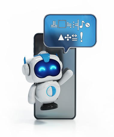 Cartoon AI chatbot with a speech balloon standing in front of a smartphone. AI chatbot concept.