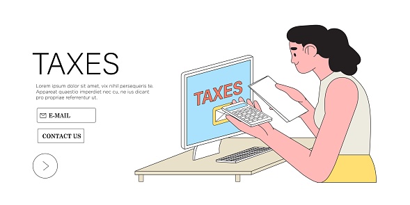 Flat Cartoon Illustration of people filling Documents for Tax Calculation and making Tax Return. Characters Preparing Finance Report with Graph Charts. Accounting and Financial Management Concept.