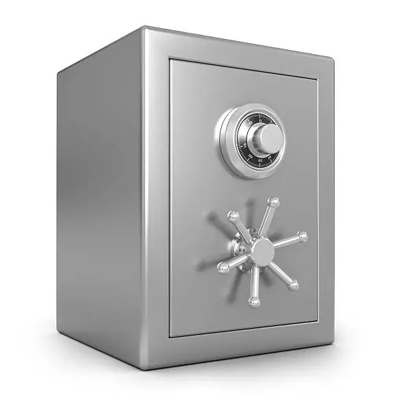 Photo of A stainless steel safe against a white background