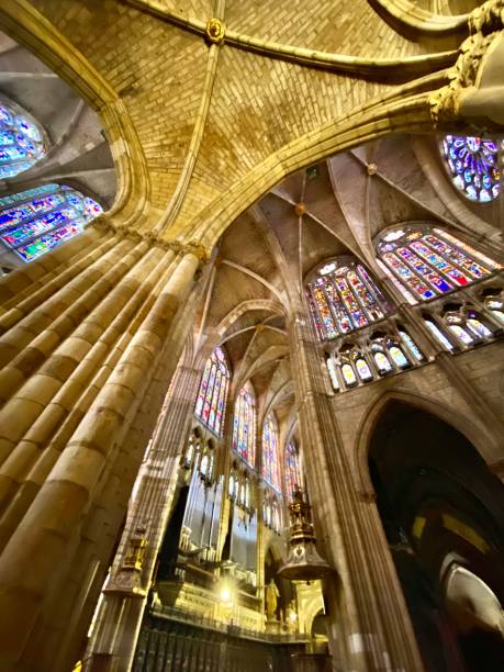 istock looking directly up at an intersecting groin vault and ogival archways that support the weight of the roof and walls of the león cathedral. 1833340620