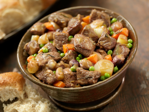 Beef Stew with Potatoes, Carrots, Peas, Pearl Onions and Freshly Baked Buns- Photographed on Hasselblad H3D2-39mb Camera