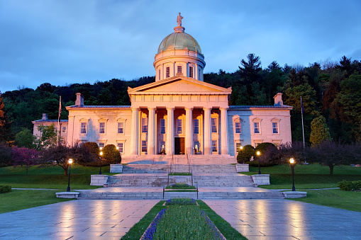 The Vermont State House, located in Montpelier, Vermont at dusk. Montpelier is a city in the U.S. state of Vermont that serves as the state capital. Montpelier has the distinction of being the smallest state capital in the United States. Montpelier is situated among foothills just to the east of the Green Mountains 