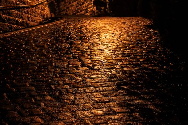 istock wet cobblestone street at night 1833350386