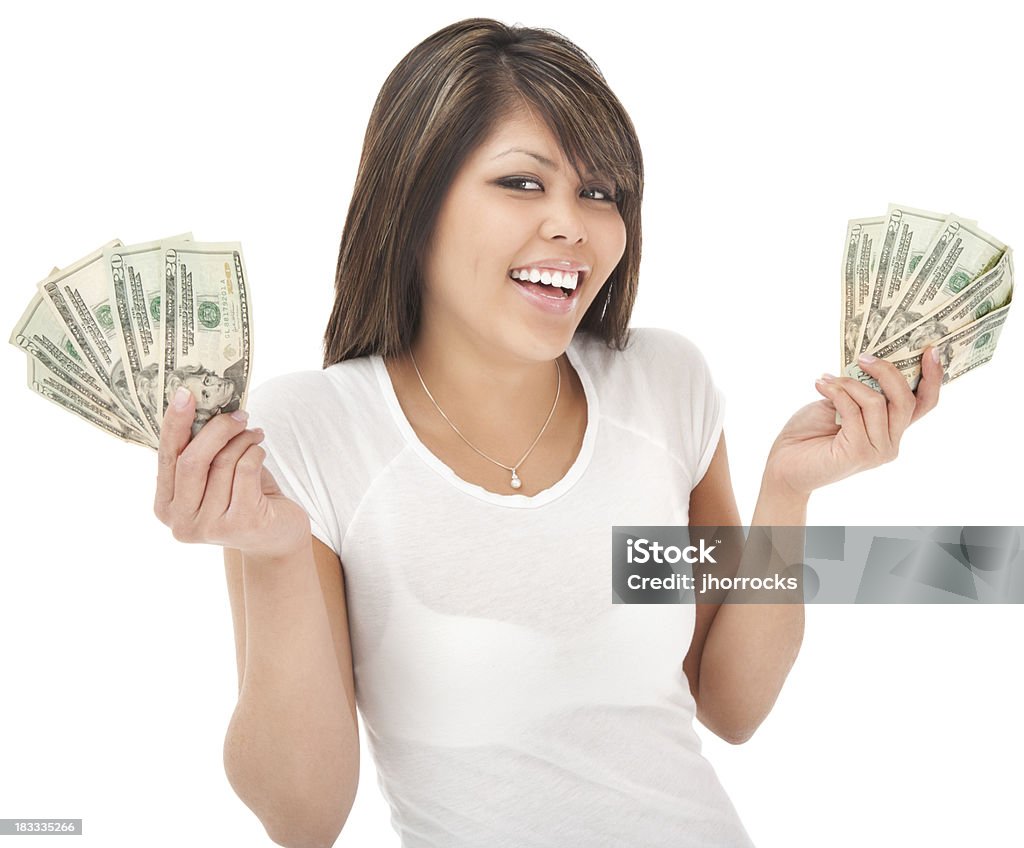 Feliz joven mujer agarrando dinero - Foto de stock de Billete de banco libre de derechos