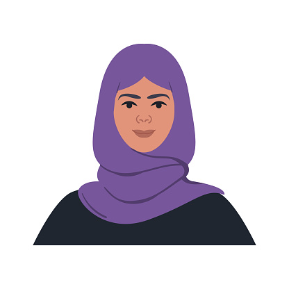 Portrait of a young Arab woman in a hijab. The avatar of a Muslim girl. Bright vector illustration in a flat style