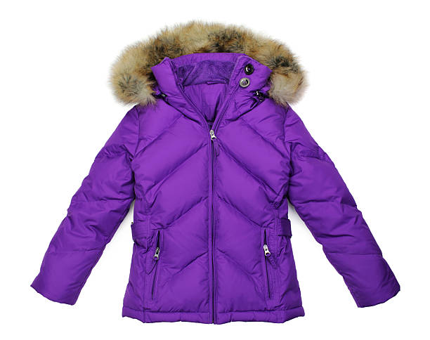 Woman's purple down-filled winter parka jacket on white Casual winter jacket isolated on white winter coat stock pictures, royalty-free photos & images