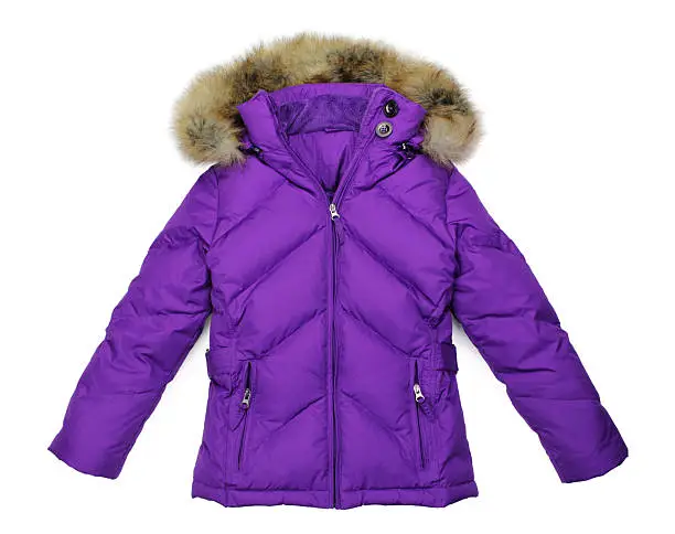 Photo of Woman's purple down-filled winter parka jacket on white