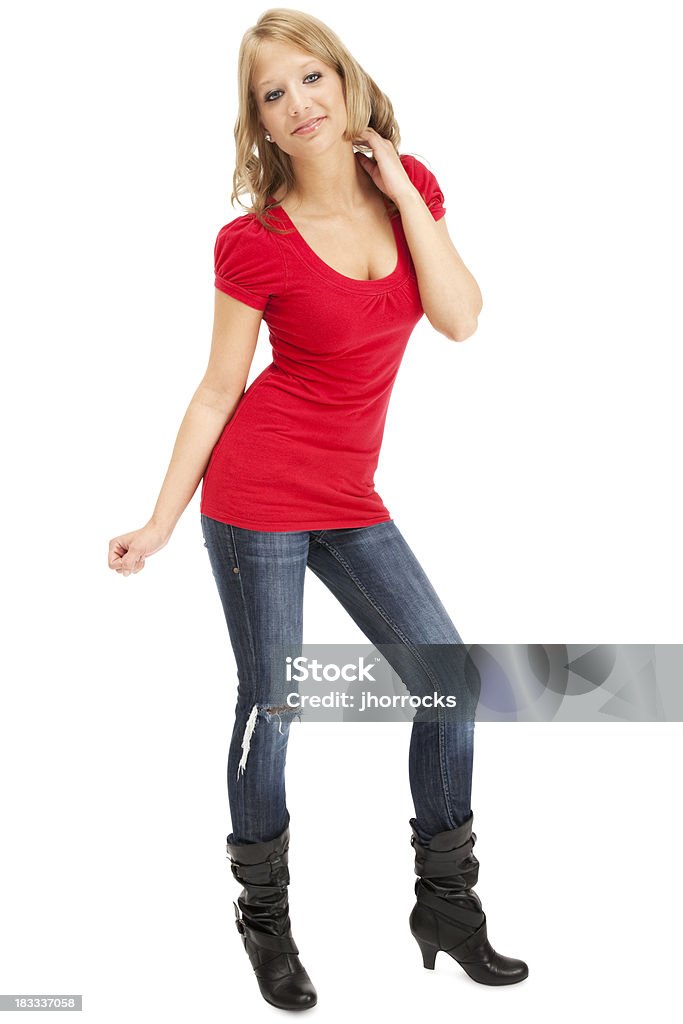 nægte Frugtgrøntsager indendørs Casual Young Woman In Red Tshirt And Blue Jeans Stock Photo - Download  Image Now - One Woman Only, White Background, Women - iStock
