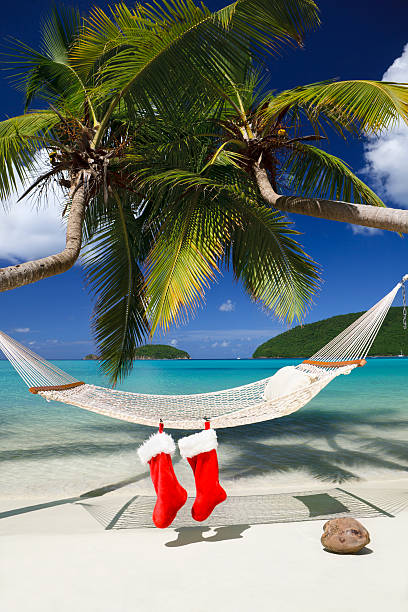 istock Santa hats and stocking at a tropical Caribbean beach 183337145