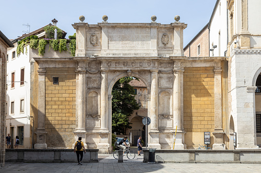 Padova, Veneto, Italy - Jun 22nd, 2023: View of Triumphal Arch of Vallaresso (Arco Valaresso) at Piazza Duomo in Padua city center