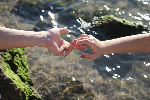 hands turn gray, hands reach out to each other, hands want to join together, two women's gentle hands touch each other, love, respect, against the backdrop of the seashore, beach, water and stones