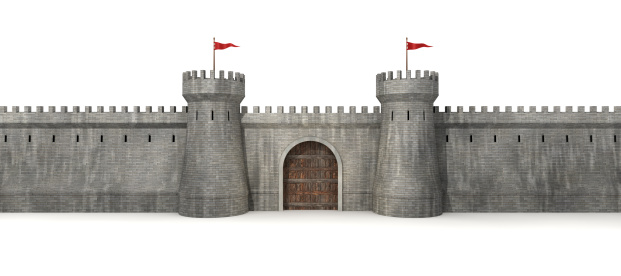 Castle with gate isolated on white. Could be useful in a fantasy composition.This is a detailed 3d rendering.