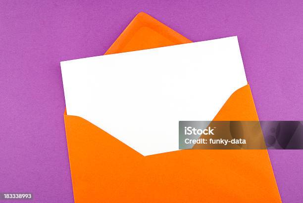 Orange Envelope With Greeting Card On Purple Stock Photo - Download Image Now - Birthday Card, Orange Color, Anniversary