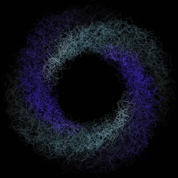 Vector illustration of Blue uneven fine line scribble circular vortex pattern on black.