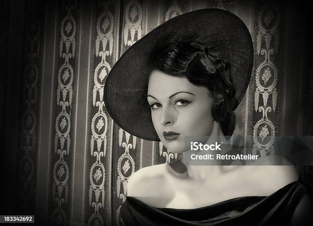 Diva With The Hat In Film Noir Style Stock Photo - Download Image Now - 1950-1959, Women, Portrait