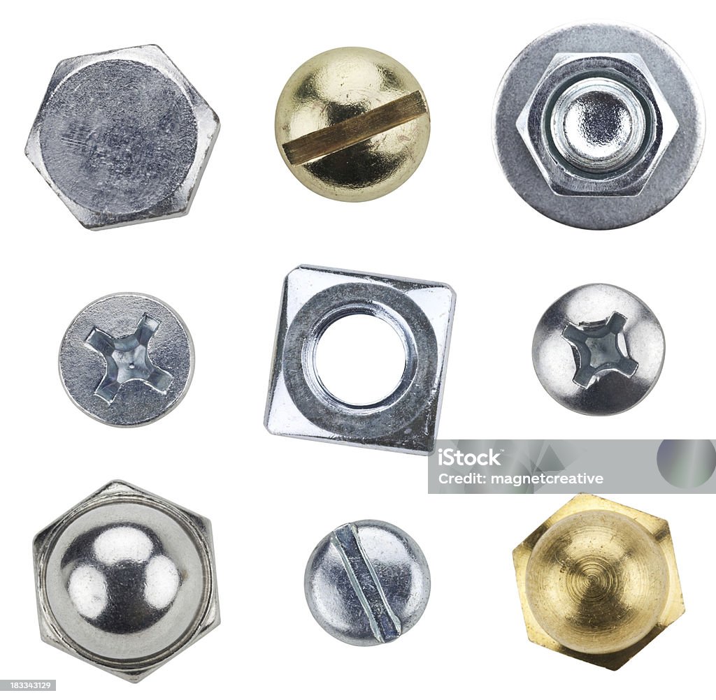 Nine typed of screws and bolts "A set of 9 screws and bolts, extremely high resolution." Bolt - Fastener Stock Photo