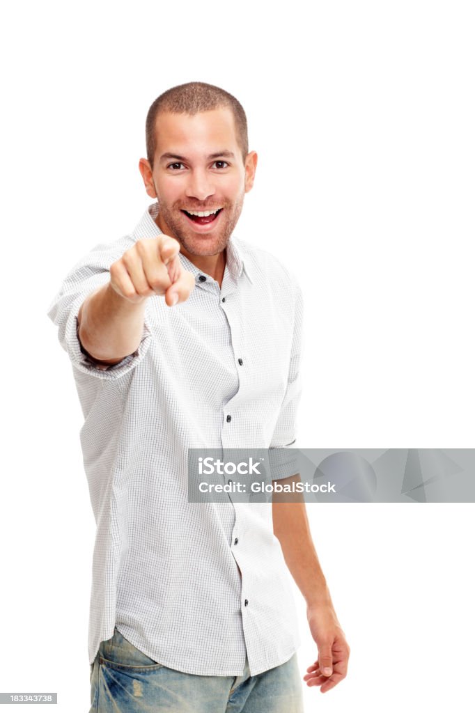 Smart junger Mann zeigt auf, um Sie vor weißem Hintergrund - Lizenzfrei Aufregung Stock-Foto