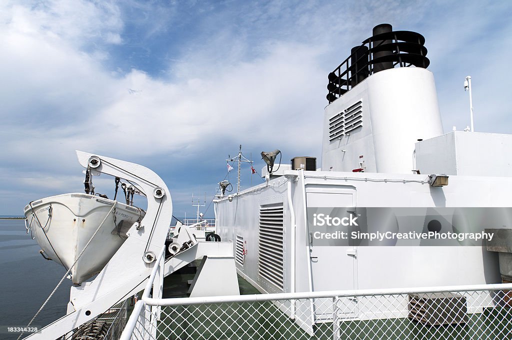 Life Boat on Ferry "A white life boat on the launch equipment of a large vehicle and passenger ferry from Nova Scotia to Prince Edward Island, Canada.Similar Image:" Boat Deck Stock Photo