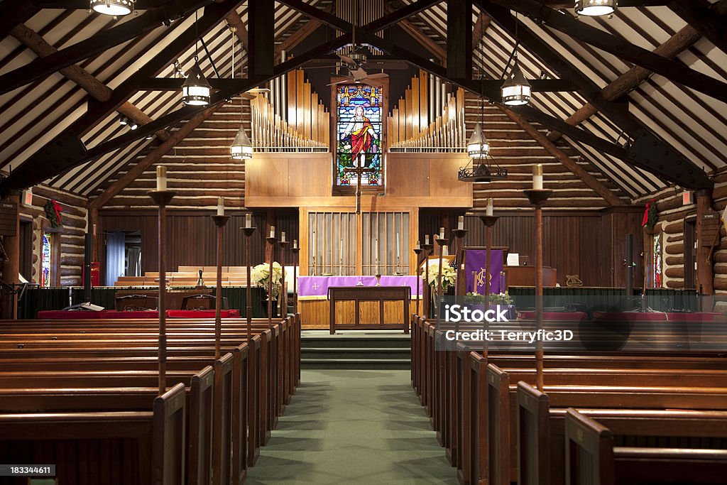 Log Church "Log church built in 1931, in Medford Lakes, NJ. Pipe organ, stained glass with Jesus, and pews." Aisle Stock Photo
